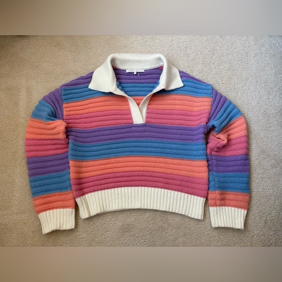 English Factory Sweaters - English Factory rainbow striped rugby collared cozy knit sweater, preppy, sz L